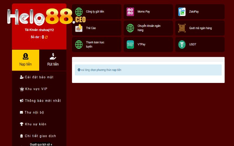Giao diện nạp tiền Helo88 cần chú ý
